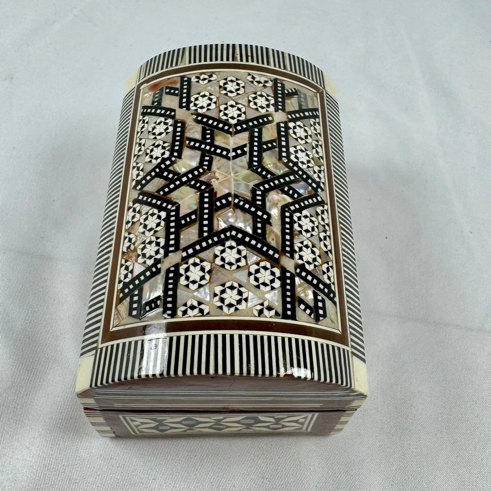 Handmade Mother of Pearl Inlay Wooden Jewelry Box Domed Mosaic Trinket Box NICE